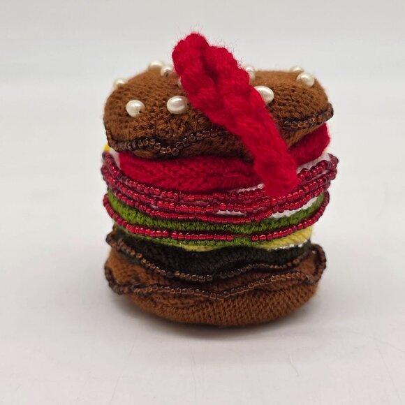 Crochet Knitted Beaded Hamburger Ornament Colorful Layers & Pearl Accents - Picture 4 of 6